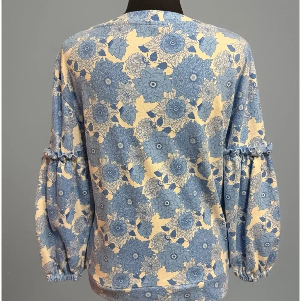 Kate Quinn Blouse Large Womens Organic Cotton Peasant Top White Blue Floral Twee - Picture 4 of 8